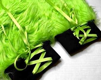 Calentadores de piernas tipo corsé con lazo, pantalones con cordones, cubrebotas peludos, calentadores de piernas de piel verde neón, ropa para fiestas rave, disfraz de cosplay para festivales rave - TRIXY XCHANGE