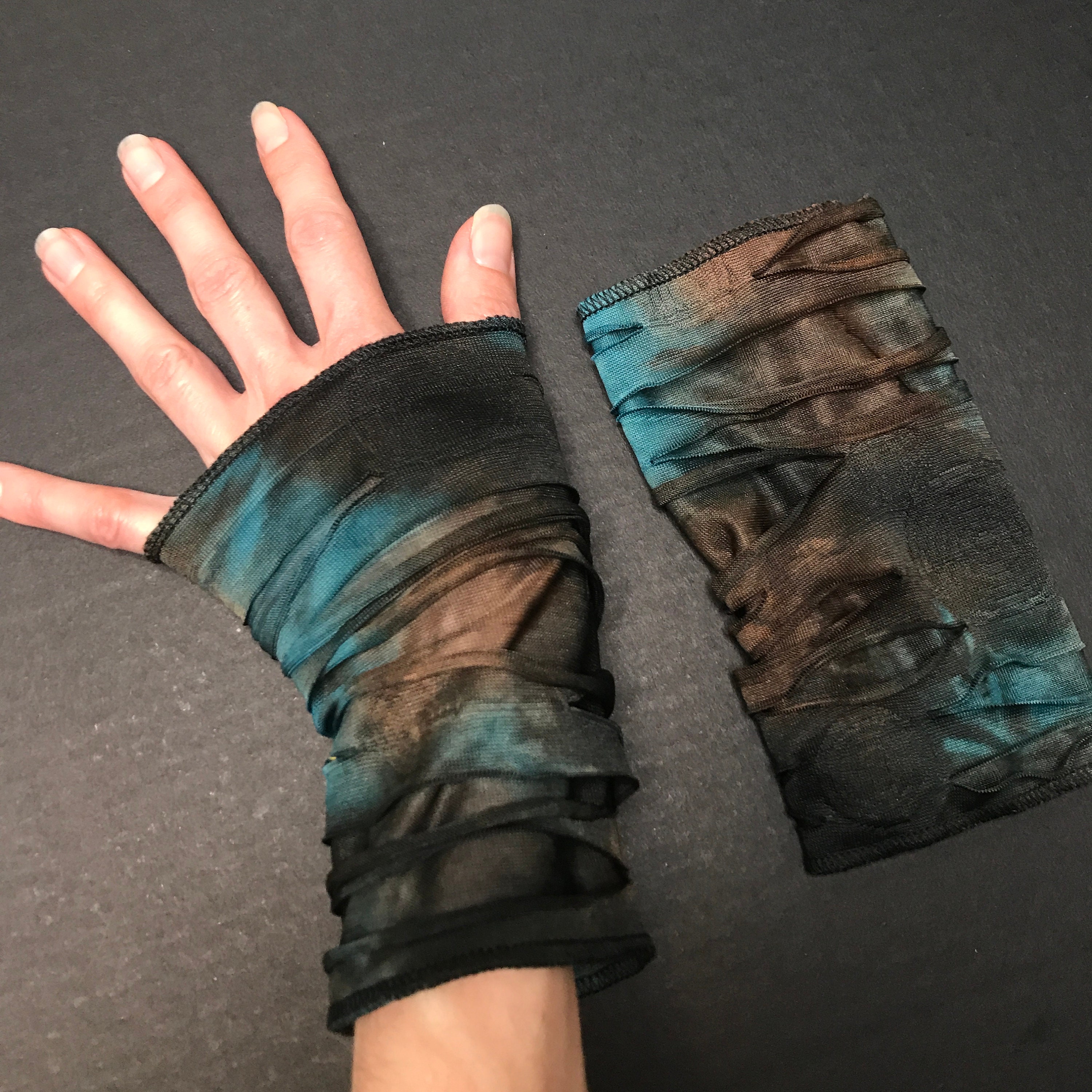 Womens Mummy Gloves Brown Bandage Hand Warmers Blue Lace up Arm