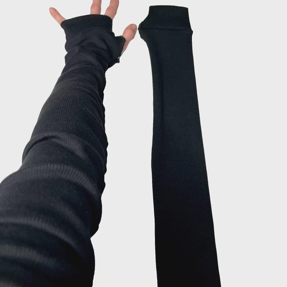 Long Black Fingerless Gloves Cotton Fabric Ribbed Knit Arm Warmers White Arm Covers Full Arm Length Armwarmers Sun Arm Sleeves TRIXY XCHANGE