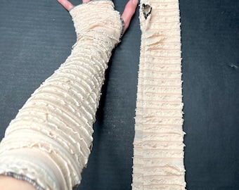 Womens Cream White Mummy Costume Sequin Ruffle Arm Warmers Sheer Gloves Ladies Halloween Outfit Cyber Goth Arm Sleeves Covers TRIXY XCHANGE
