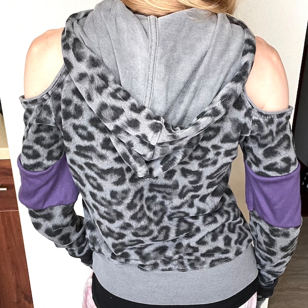 Animal Print Hoodie Size XS Small Purple Patchwork Shirt Gray Cheetah Sweatshirt Cut Out Shoulder Gothic Festival Clothing - TRIXY XCHANGE