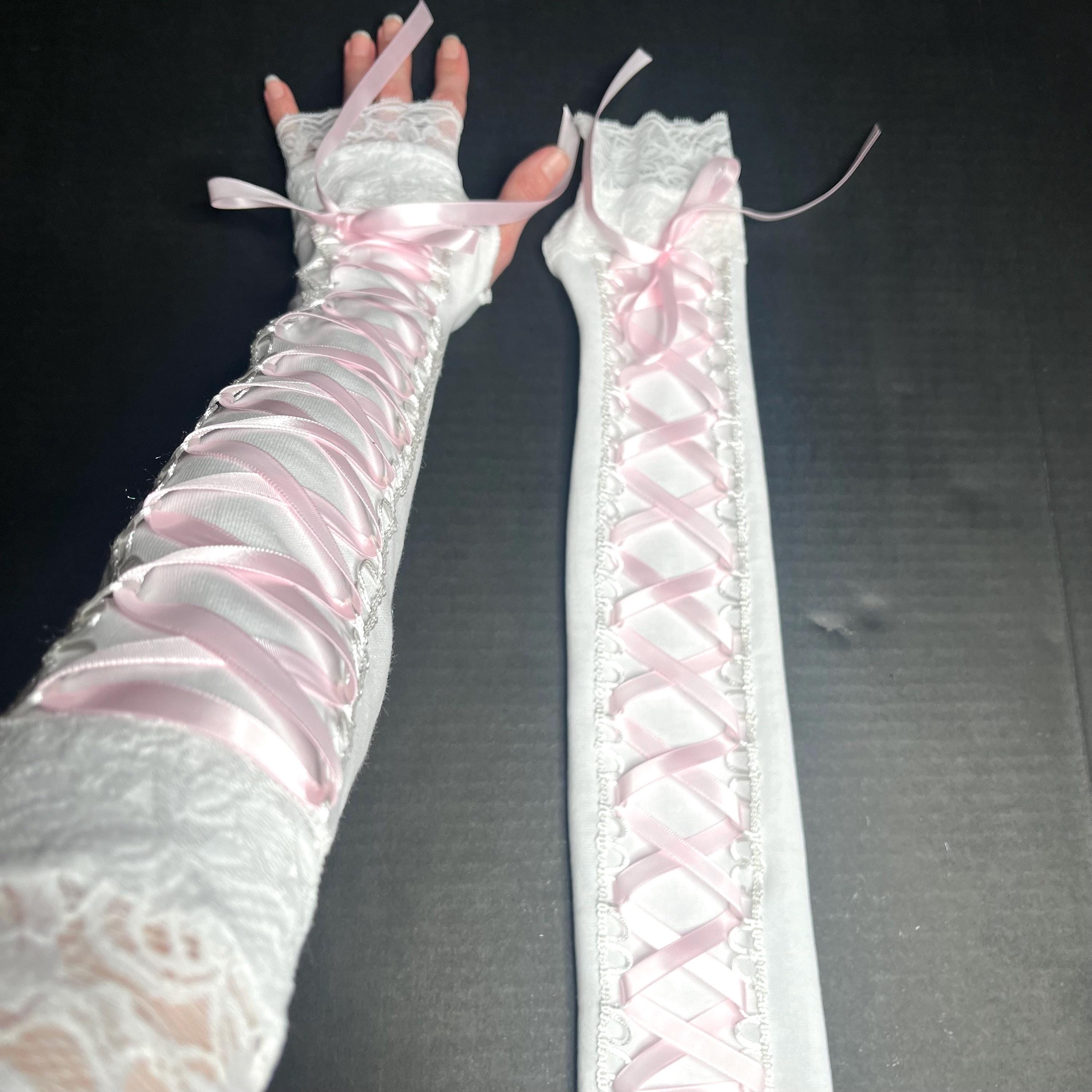 White Corset Gloves White Lace Arm Warmers Lace up Armwarmers
