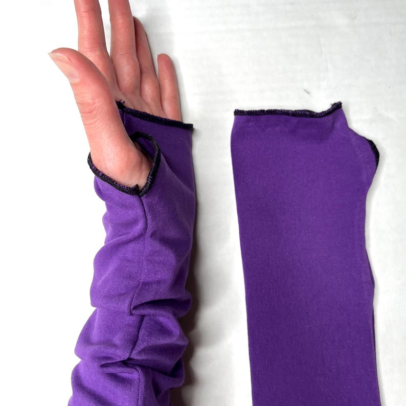 Handmade Long Arm Warmers Purple Cotton Jersey Fabric Arm Sleeves Covers Driving Gloves UV Protection Texting Compression - TRIXY XCHANGE image 5