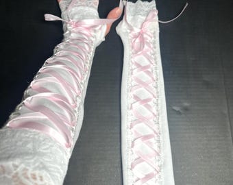 Pretty Wedding Fingerless Gloves White Corset Arm Sleeves Baby Pink Ribbon Womens Princess Costume Lace Up Arm Warmer Feminine TRIXY XCHANGE