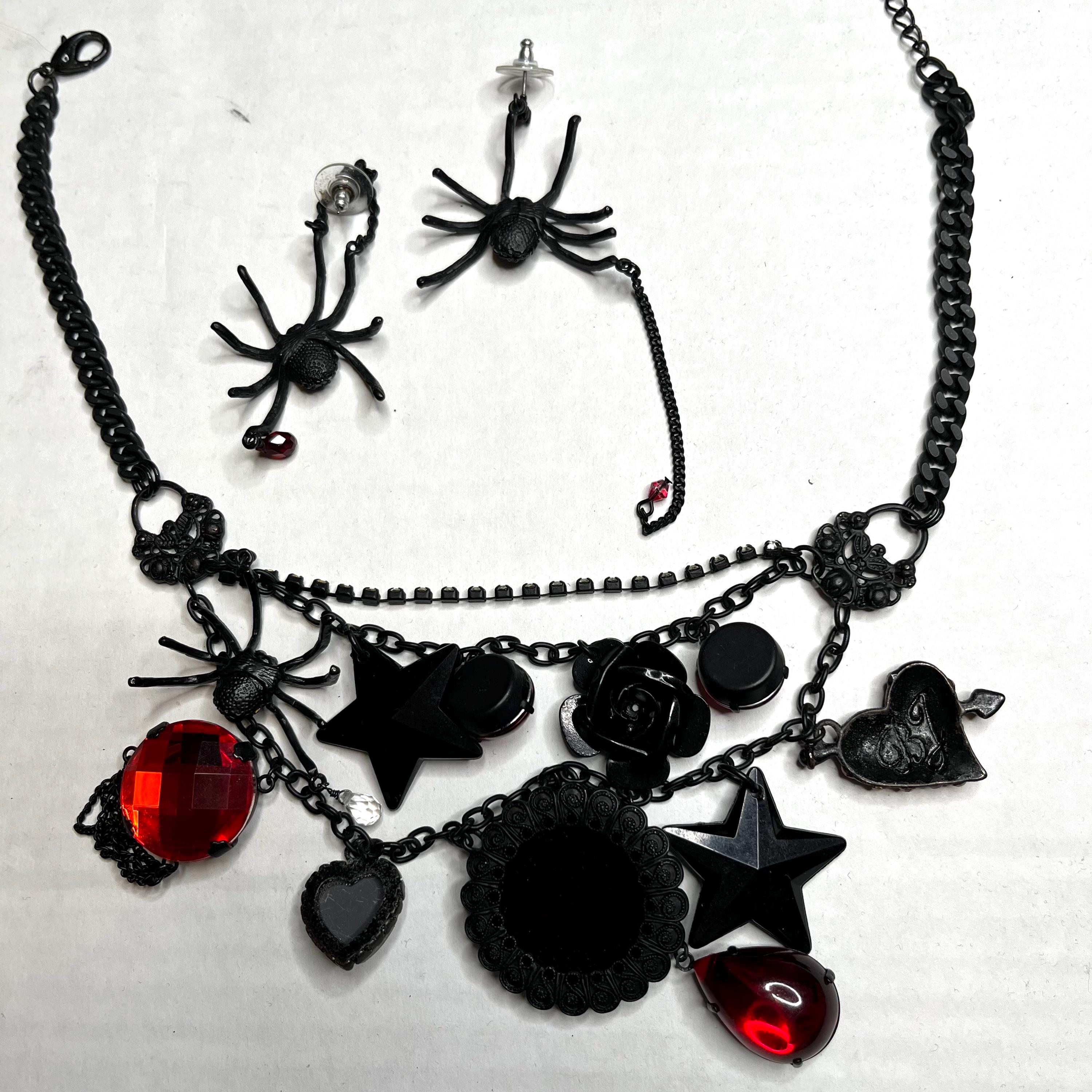 Vintage Betsey Johnson Spiderweb Necklace Set Charm Bangle