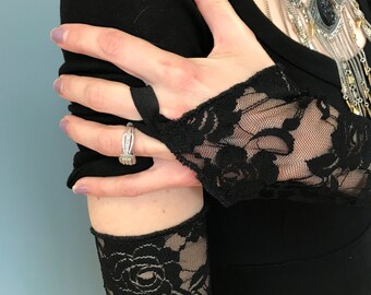 thumbnail image 2 of Suxgumoe Womens Fingerless Gloves, Elbow Length Lace Up Steampunk Arm Warmer, UV Protection Gloves Mittens For Wedding Riding, Black, One Size 2 of 9
