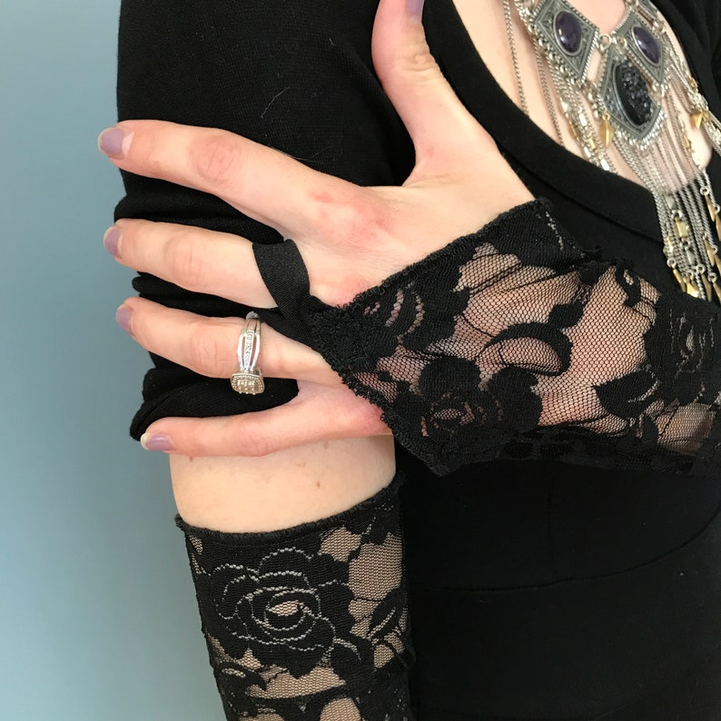 Black Lace Gloves Long Arm Warmers Covers Steampunk Cosplay Costume Gothic Wedding Goth Outfit Gloves with Finger Loops - TRIXY XCHANGE image 2