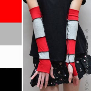 Patchwork Gloves Striped Hand Warmers Cotton Gloves Long Arm Warmers Black Fingerless Gloves Red Arm Sleeves Driving Gloves - TRIXY XCHANGE