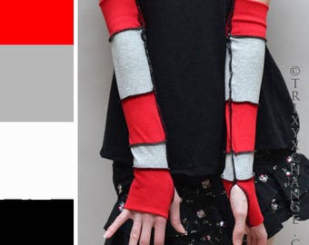 Patchwork Gloves Striped Hand Warmers Cotton Gloves Long Arm Warmers Black Fingerless Gloves Red Arm Sleeves Driving Gloves - TRIXY XCHANGE