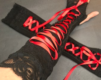 Black Corset Gloves Lace Up Arm Warmers Red Ribbon Bows Gothic Armwarmers Cosplay Costume Knit Arm Covers Wedding Bridal Gift TRIXY XCHANGE