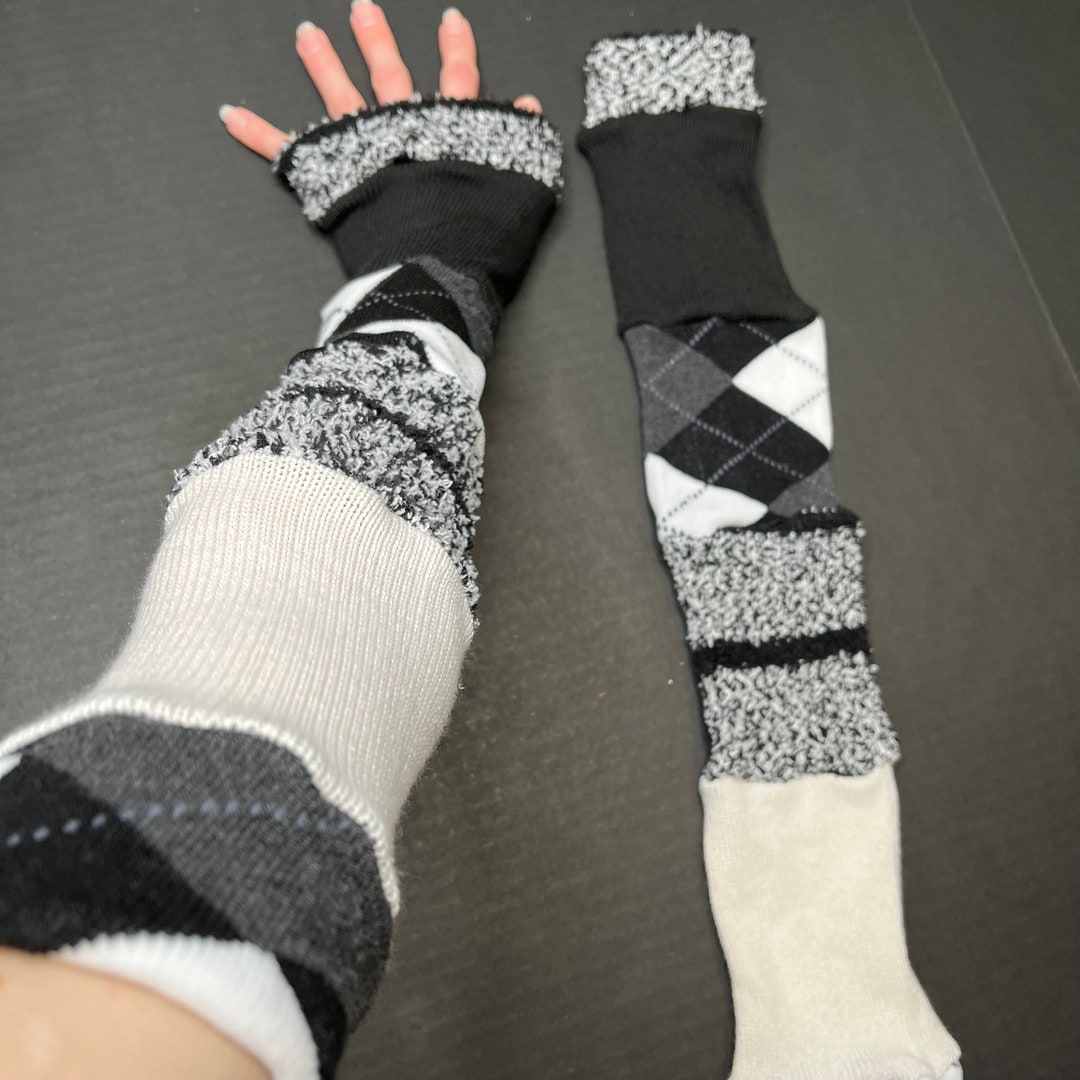 Handmade Fuzzy Gloves Black Striped Arm Sleeves Upcycled Gray Patchwork