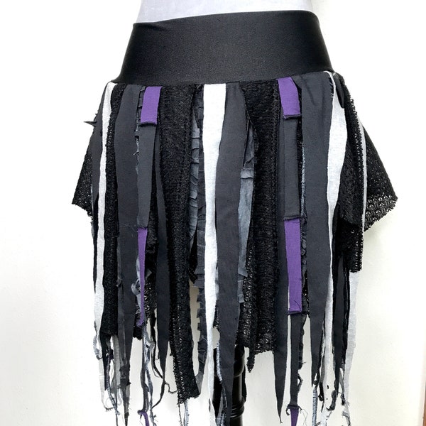 Upcycled Halloween Costume Skirt Size Small Medium Purple Striped Black Patchwork Gray Mummy Fringe Goth Gift For Her Recycled TRIXY XCHANGE