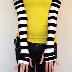 Long Arm Warmers Finger Holes Striped Gloves Black Armwarmers White Hand Warmers Circus Gloves Clothing Pirate Costume TRIXY XCHANGE image 1