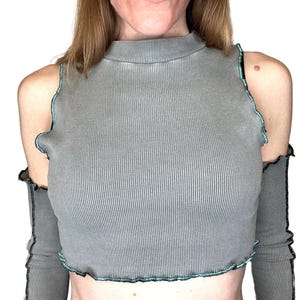 Womens Goth Shirt Size Small Medium Gray Cropped Tank Top Blue Upcycled Fashion Army Post Apocalyptic Distressed Grunge Gift - TRIXY XCHANGE
