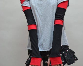 Red Gloves Cotton Patchwork Gloves Red Striped Gloves Extra Long Black Arm Warmers Black Armwarmers Cotton Arm Sleeves Covers TRIXY XCHANGE