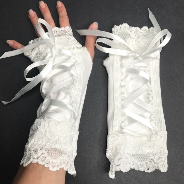 White Bridal Gloves Wedding Corset Arm Cuffs Bride Hand Covers Wrist Length Lace Up Fingerless Gloves Evening Formal Prom - TRIXY XCHANGE