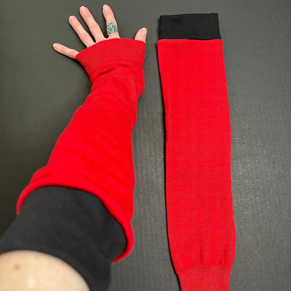 Red Wool Sweater Gloves Black Knit Arm Warmers Christmas Arm Socks Elbow Covers Full Arm Sleeves Handmade Recycled Sweater - TRIXY XCHANGE