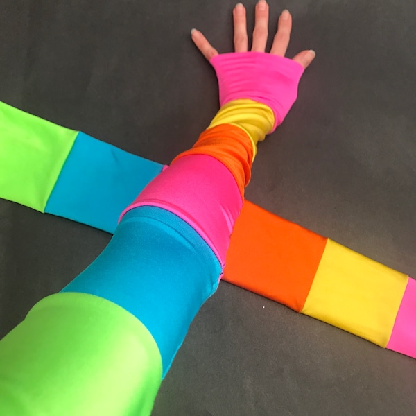 Rainbow Gloves Striped Arm Warmers Patchwork Long Sleeves Shirt Summer Festival Sun Arm Covers UV Protection Lightweight Psy - TRIXY XCHANGE