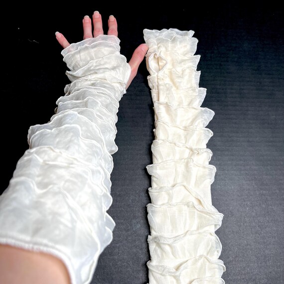 Womens Mummy Costume Cream White Ruffle Arm Warmers Sheer Gloves  Halloween Outfit Goth Arm Sleeves Ivory Bandage Arm Covers - TRIXY XCHANGE