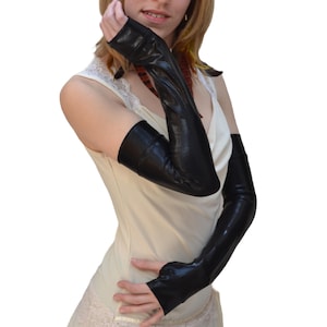 Dance Performance Gloves Black Long Latex Gloves Leather Look Arm Warmers Wetlook Arm Sleeves Black Fingerless Arm Covers - TRIXY XCHANGE