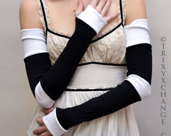 Long Fingerless Gloves Black Arm Warmers Grey Striped Arm Socks White Arm Covers Fibromyaglia Clothing Fire Dancer Gloves - TRIXY XCHANGE