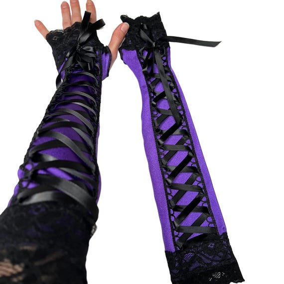 Renaissance Costume Womens Fingerless Gloves Purple Corset Shirt Black Lace Up Dress Lace Arm Warmers Gothic Cuffs Masquerade TRIXY XCHANGE