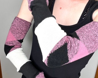 Knit Fingerless Gloves Pink Argyle Arm Warmers Black Arm Sleeves Schoolgirl Footless Knee Socks Scar Hiders Tattoo Covers - TRIXY XCHANGE