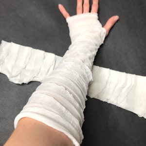 Ivory White Bandage Arm Covers Frankenstein Bride Halloween Costume Ruffle Fingerless Gloves Striped Arm Warmers Cosplay Psy - Trixy Xchange