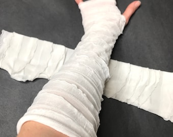 Ivory White Bandage Arm Covers Frankenstein Bride Halloween Costume Ruffle Fingerless Gloves Striped Arm Warmers Cosplay Psy - Trixy Xchange