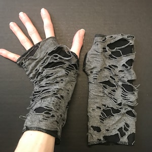 Gray Mummy Gloves Mens Hand Covers Black Bandage Arm Covers Zombie Costume Ripped Handwarmers Biker Grunge Punk Skater Cosplay TRIXY XCHANGE