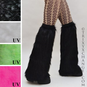 Cosplay Animal Costume Womens Rave Clothes Knee Leg Covers Black Fur Leg Warmers Blacklight White Fluffies Fuzzy Boot Covers - TRIXY XCHANGE