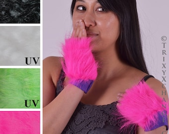 Pink Fur Gloves White Fur Arm Cuffs Green Arm Covers Black Fluffies Fur Wristbands Mens Cat Costume Womens Cat Gloves Neon - TRIXY XCHANGE