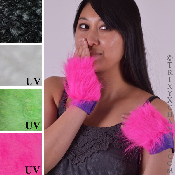 Pink Fur Gloves White Fur Arm Cuffs Green Arm Covers Black Fluffies Fur Wristbands Mens Cat Costume Womens Cat Gloves Neon - TRIXY XCHANGE