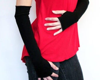 Black Fingerless Gloves Black Arm Warmers with Thumb Holes Shirt Long Cotton Armwarmers Elbow Length Gloves Cycling Sleeves - TRIXY XCHANGE