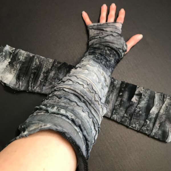 Womens Mummy Costume Gray Ruffle Arm Warmers Sheer Gloves Ladies Halloween Outfit Cyber Goth Arm Sleeves Tie Dye Arm Covers - TRIXY XCHANGE