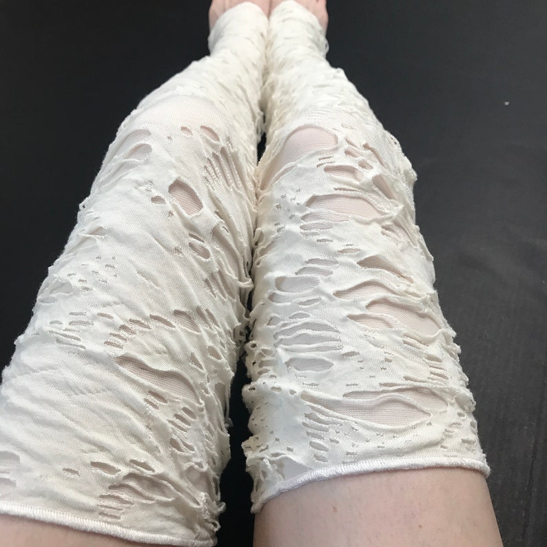 White Mummy Leg Warmers Ripped Knee Socks Ghost Halloween Costume Over the Knee Zombie Thigh Highs Performance Holey Pants TRIXY XCHANGE image 3