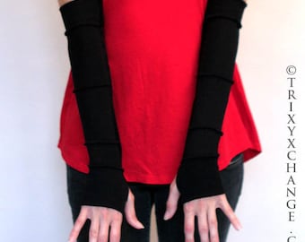 Black Patchwork Gloves Upcycled Clothing Striped Armwarmers Cotton Arm Warmers Medical Device Arm Covers White Arm Sleeves - TRIXY XCHANGE