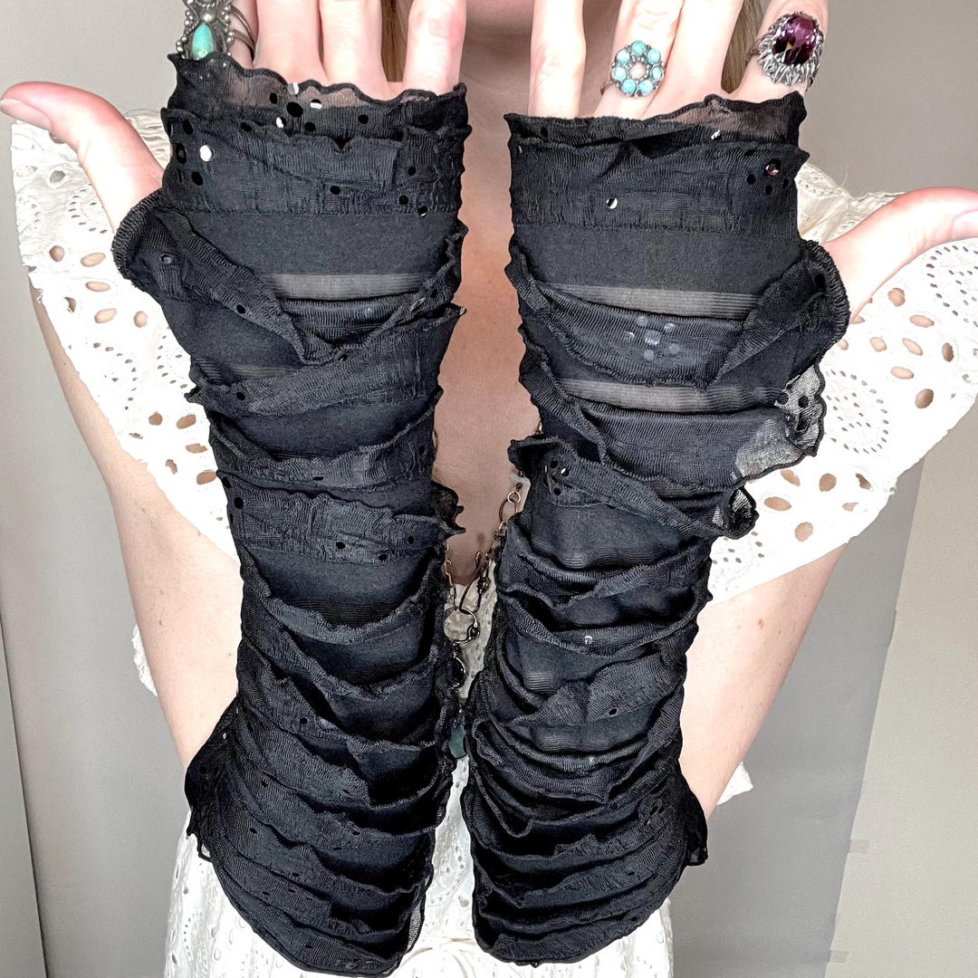 Black Sequin Gloves Ruffle Arm Warmers Goth Mummy Costume Striped ...