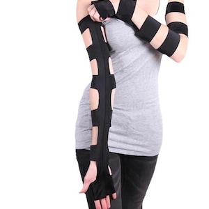 Black Cut Out Gloves Long Red Gloves White Arm Warmers PVC Gloves Cyber Goth Clothes Rave Clothing Womens Cage Gloves Mens - TRIXY XCHANGE
