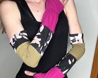 Patchwork Fingerless Gloves Pink Floral Arm Warmers Green Striped Arm Covers Black Elbow Length Festival UV Sun Protection - TRIXY XCHANGE