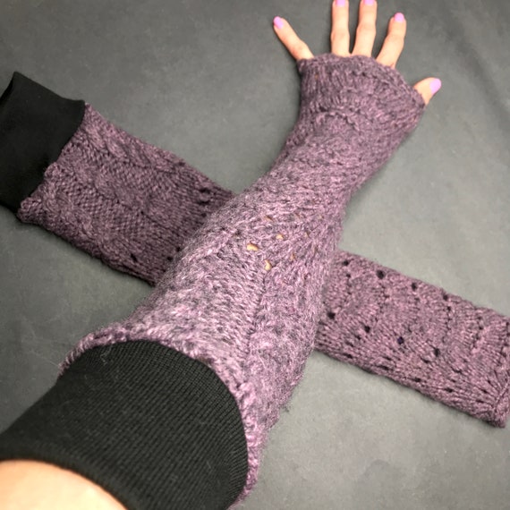 TrixyXchangeDotCom Trixy Xchange Purple Wool Knit Gloves Black Sweater Arm Warmers Long Crochet Arm Socks Scalloped Lace Arm Covers Ladies Handmade Socks Gift