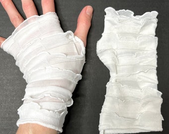 Womens White Mummy Gloves Zombie Cosplay Costume Ghost Outfit Ruffle Arm Sleeves Bandage Arm Covers Fishnet Goth Apocalypse - TRIXY XCHANGE