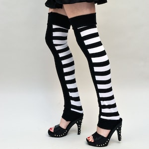 Black Leg Warmers Striped Leggings White Legwarmers Over the Knee Socks Cosplay Costume Anime Clothing Womens Thigh Highs - TRIXY XCHANGE