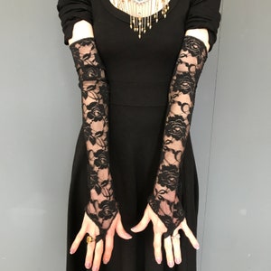 Black Lace Gloves Long Arm Warmers Covers Steampunk Cosplay Costume Gothic Wedding Goth Outfit Gloves with Finger Loops - TRIXY XCHANGE