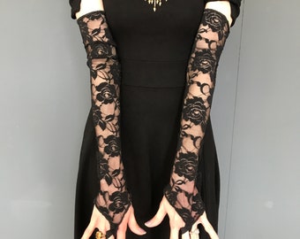 Black Lace Gloves Long Arm Warmers Covers Steampunk Cosplay Costume Gothic Wedding Goth Outfit Gloves with Finger Loops - TRIXY XCHANGE