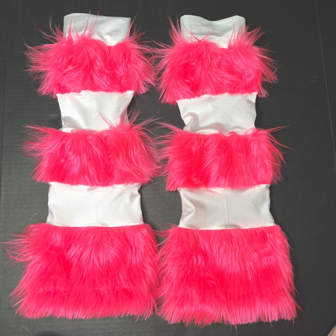 Pink Faux Fur Leg Warmers White Striped Pants Fuzzy Knee Knee Socks ...