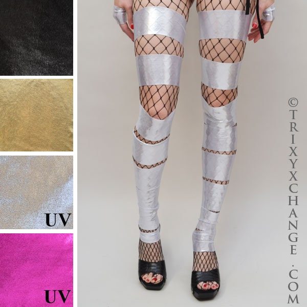 Silver Leggings Metallic Leg Warmers Cut Out Pants Stretchy Spandex Leggings Cyber Goth Clothing Gogo Dancer Outfit Super Hero TRIXY XCHANGE
