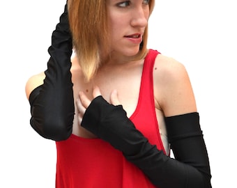 Long Costume Gloves Black Arm Warmers Spandex Arm Covers Opera Fingerless Gloves Cosplay Arm Sleeves Wet Look Armwarmers Psy - TRIXY XCHANGE
