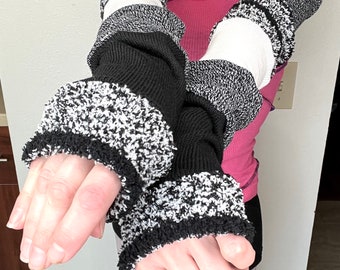 Extra Long Arm Warmers Black Fuzzy Arm Sleeves Gray Patchwork Fingerless Gloves Over the Knee Socks Footless Tights Upcycled - TRIXY XCHANGE