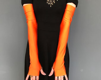 Damen-Cosplay-Kostüm, Cosplay-Handschuhe, Superhelden-Kostüm, Damenkostüm, lange orangefarbene Handschuhe, orangefarbene Armstulpen, Handbezüge – TRIXY XCHANGE